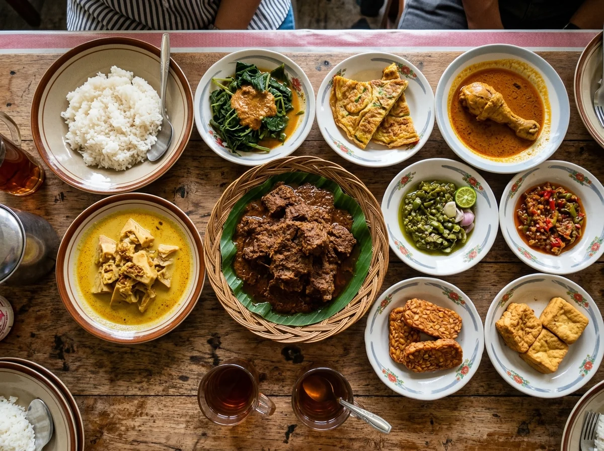 パダン料理の食卓。レンダンを中心に様々な副菜が小皿に盛られている