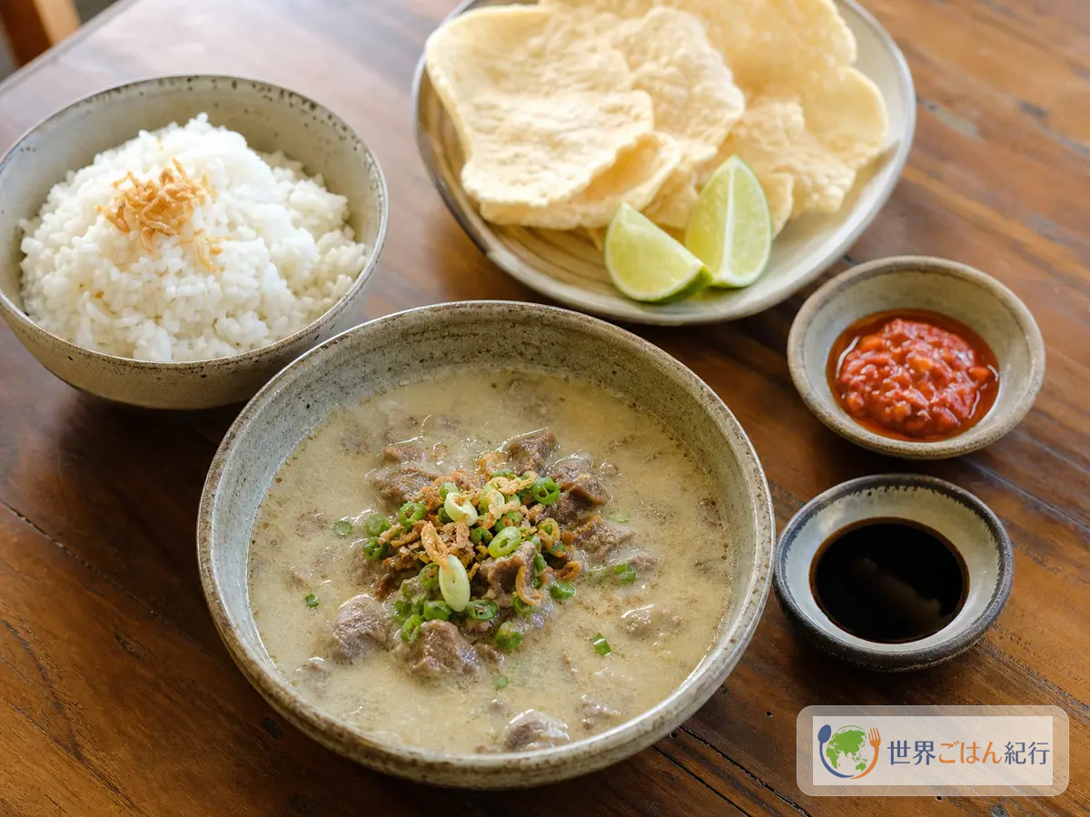 白い牛肉スープのソトベタウィを白ご飯、エンピン、ライム、サンバルと並べた食卓