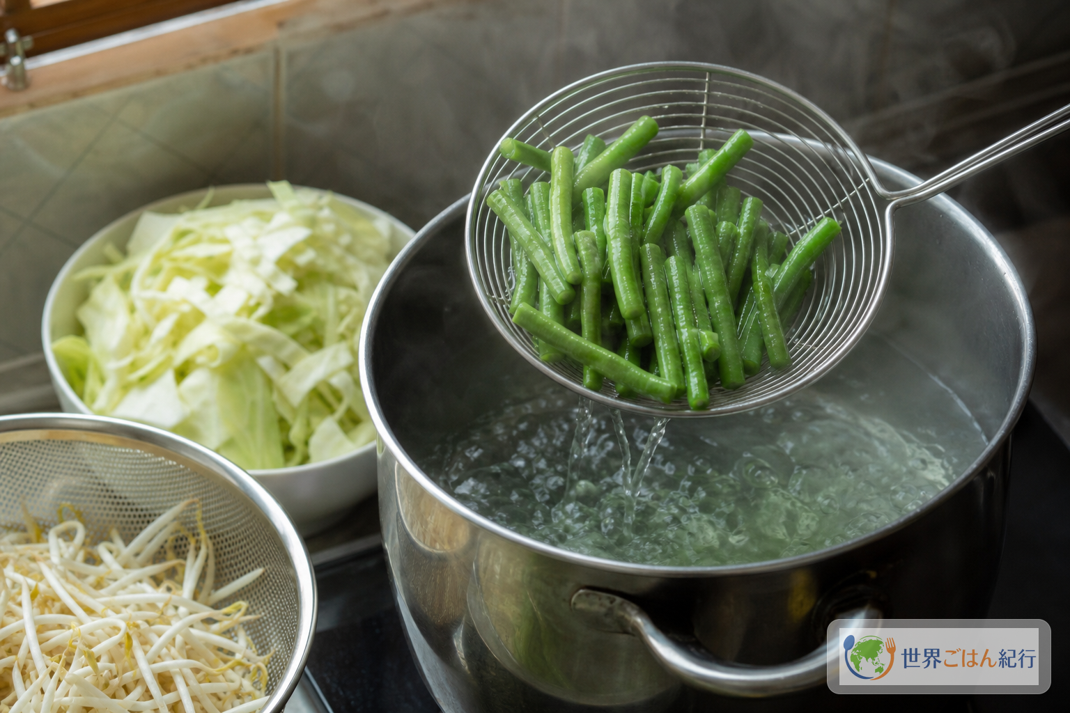 手順3: 野菜を別々に短くゆでる