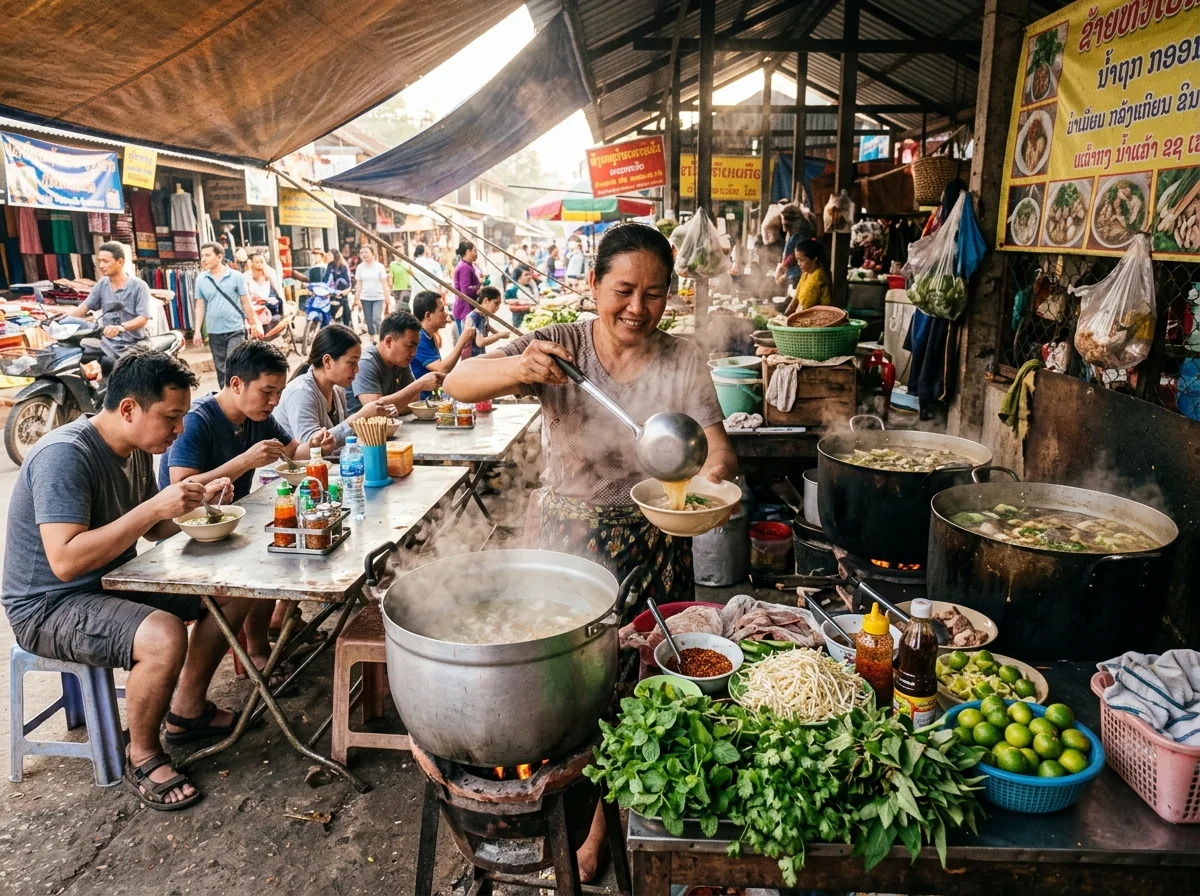ラオスの朝市。屋台でカオピヤックセンが提供されている