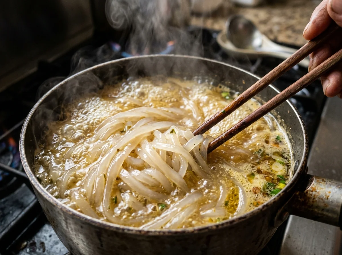 手順4: 麺をブロスで煮る（5分）