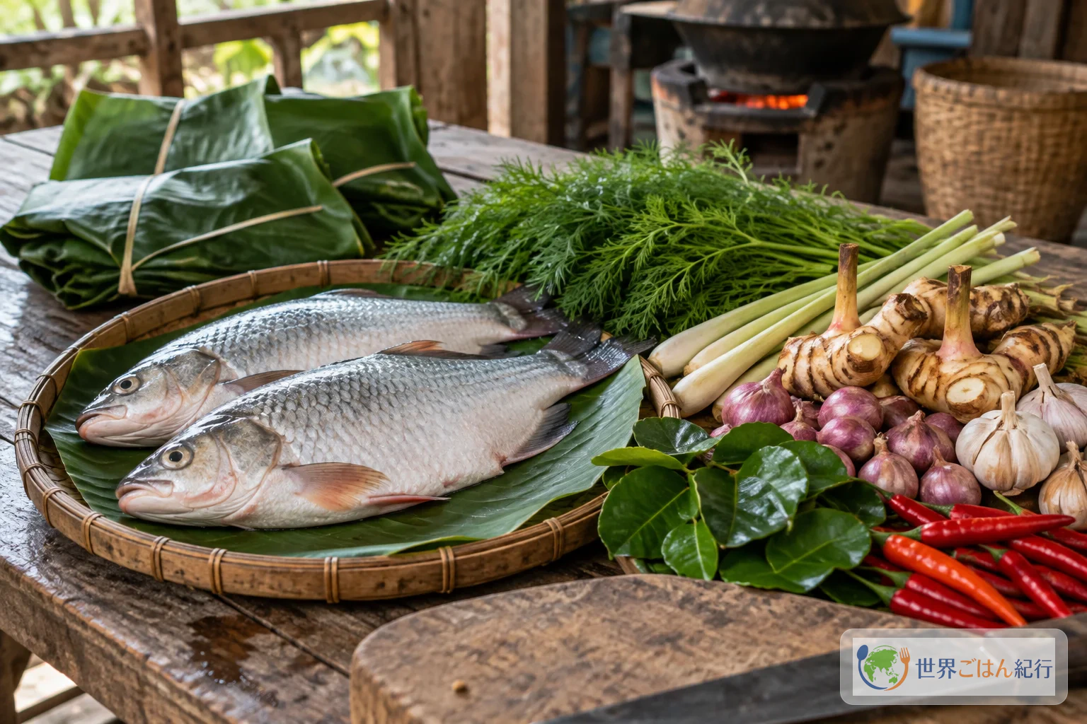 魚、ディル、レモングラス、唐辛子をバナナの葉のそばに置いたラオス料理の材料風景
