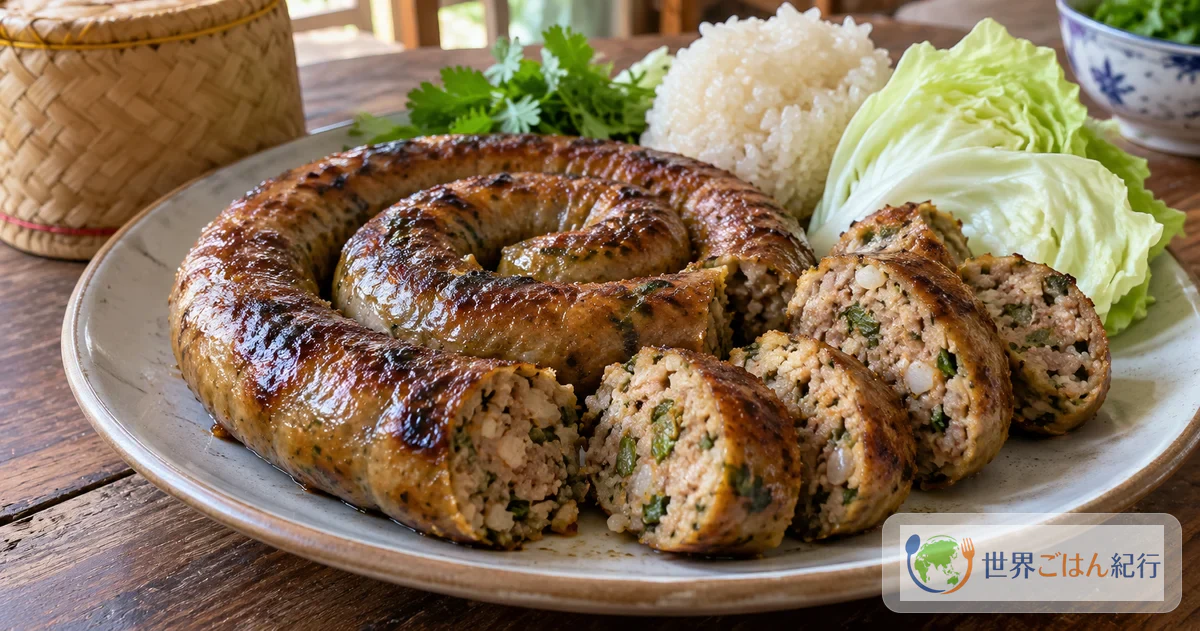 渦巻き状に焼いたラオスのハーブソーセージ・サイウアを斜め切りにし、もち米と生野菜を添えた皿