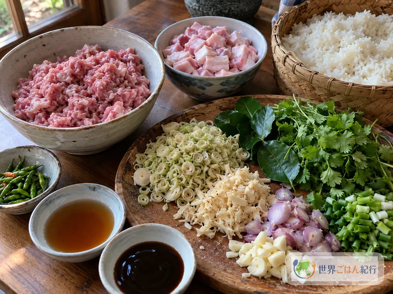 サイウアの材料の豚ひき肉、豚バラ、レモングラス、ガランガル、こぶみかんの葉、エシャロット、香菜、もち米