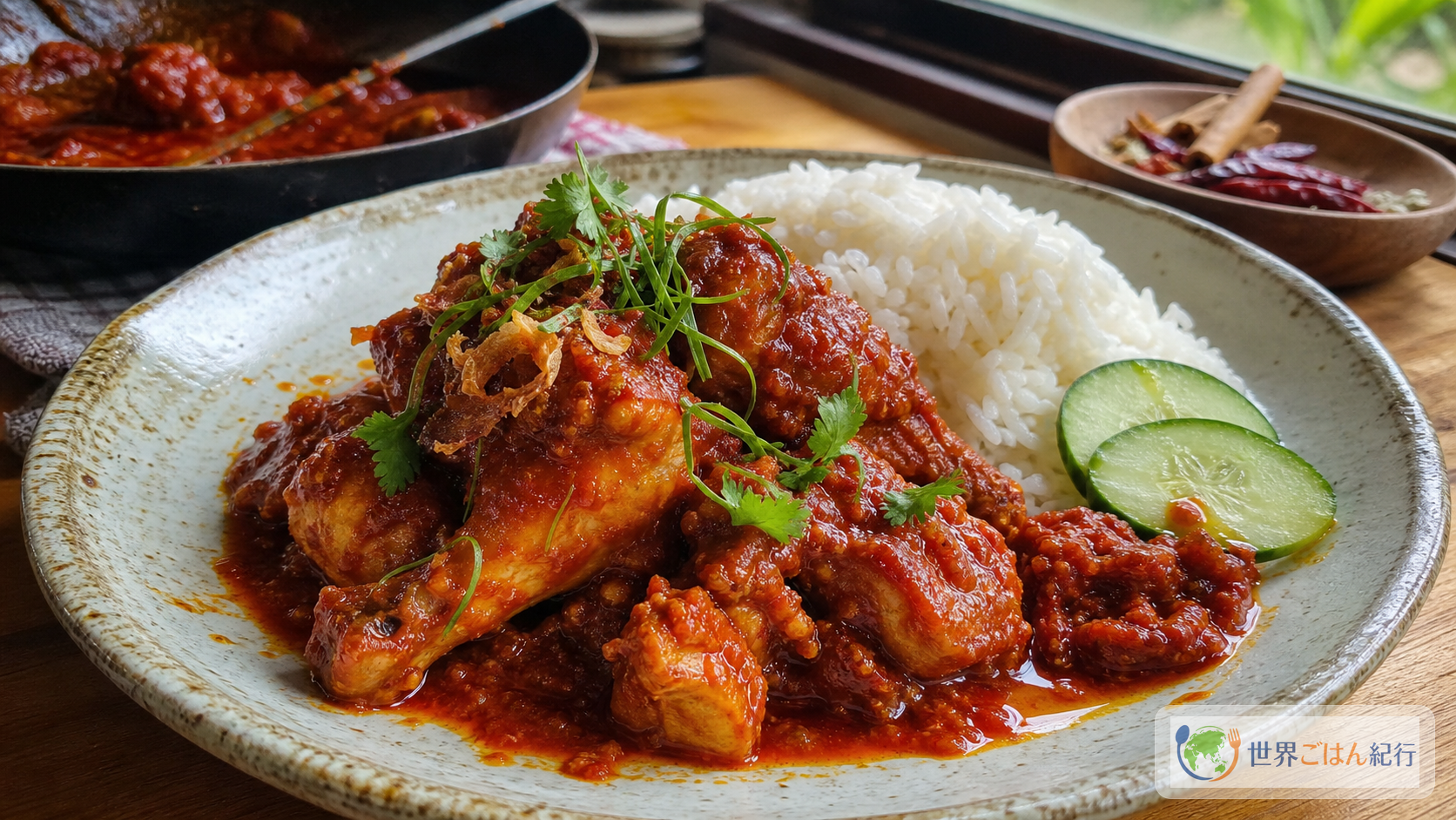 赤いチリトマトソースをまとったマレーシアのアヤムマサメラを白いご飯ときゅうりに添えた皿