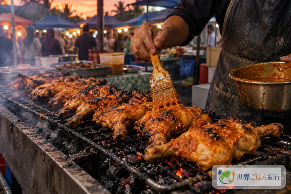 マレーシアのラマダンの屋台市で、炭火の焼き台に並べた鶏肉に刷毛でたれを塗る売り手