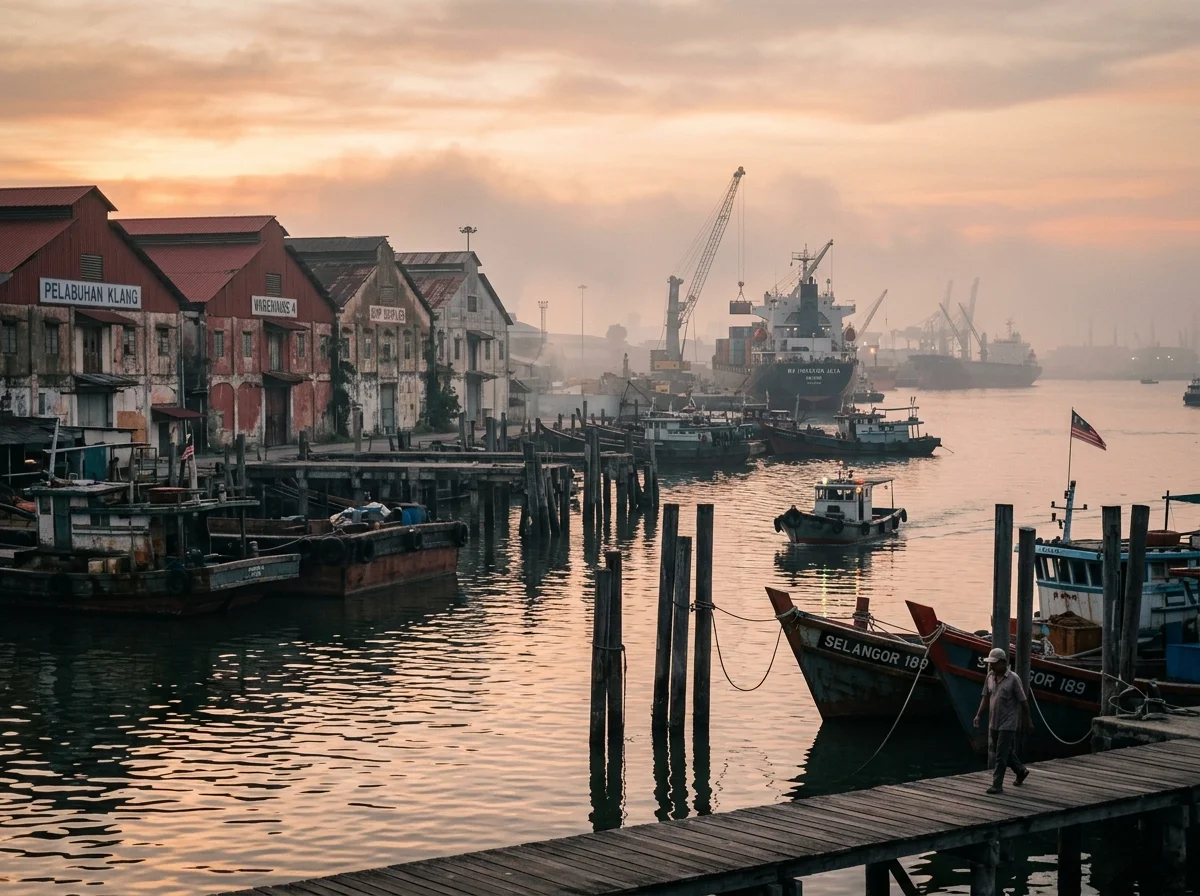 クラン港の歴史的な風景。船と倉庫と朝もやの中のバクテー屋台