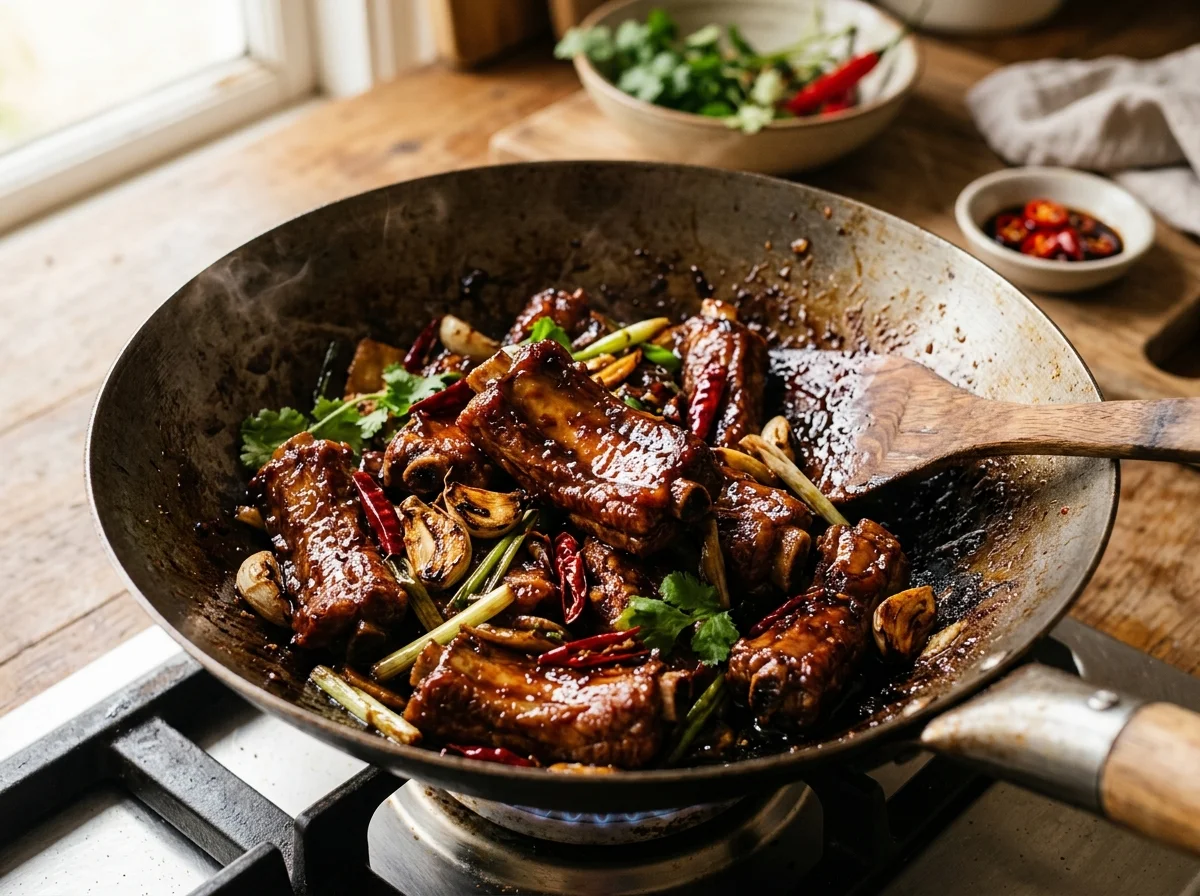 ドライバクテー。濃厚な醤油ダレでスペアリブを炒め煮にした一品
