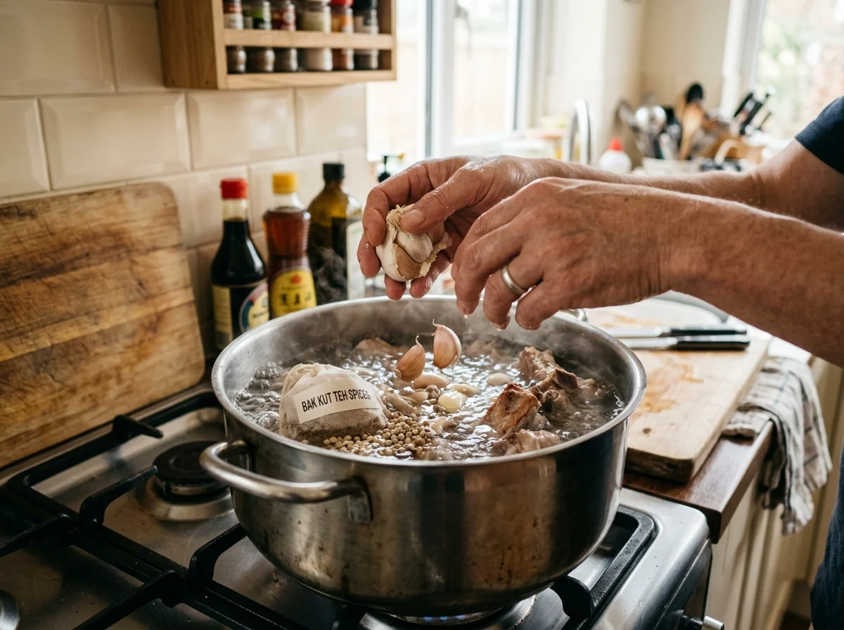 バクテーの漢方スパイス。八角、桂皮、クローブ、甘草、当帰、枸杞が並ぶ