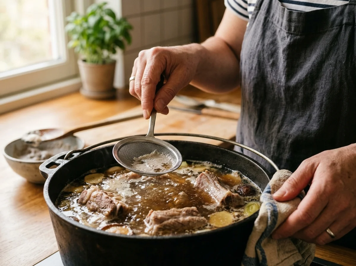 手順1: きれいにした鍋に水2Lを入れて強火にかける。沸騰したら下茹で済みのスペアリブ、皮付きのにんにく1玉、漢方スパイスパック、白こしょう粒大さじ1を全て入れる