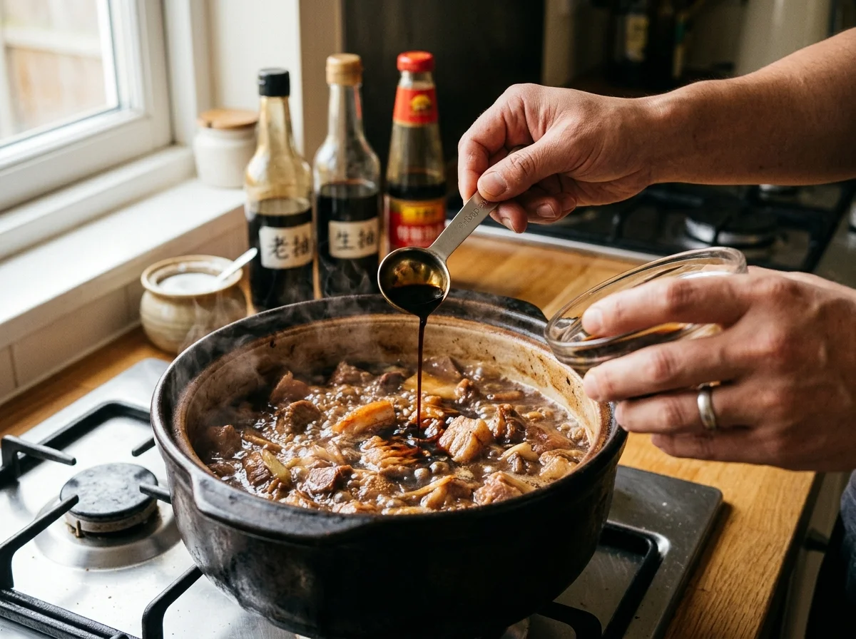 手順2: 再び沸騰したらアクを丁寧にすくい取り、弱火に落として蓋をする。1時間30分〜2時間、スペアリブの肉が骨から簡単に外れるまで煮込む