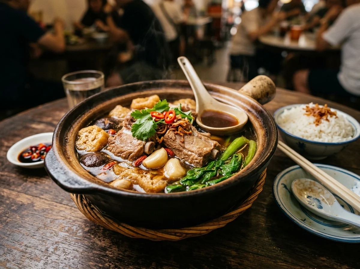 手順4: 漢方スパイスパックを取り出す。チンゲン菜などの青菜をスープの中でさっと茹でて（1〜2分）添える。油条があればトースターで軽く温め、一口大にちぎって添える。土鍋に移して食卓へ