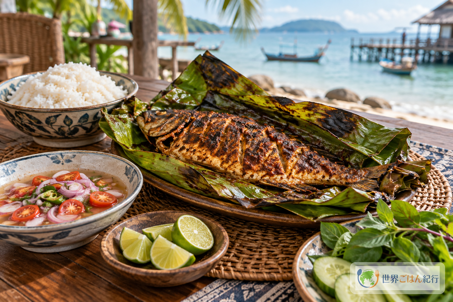 マレーシアの海辺の食卓を思わせる、バナナの葉に包んだ魚と白いご飯、酸味のある添え物