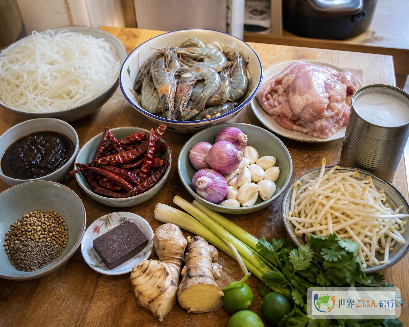 乾燥米麺、海老、鶏肉、タマリンド、ココナッツミルク、レモングラスを並べたサラワク・ラクサの材料