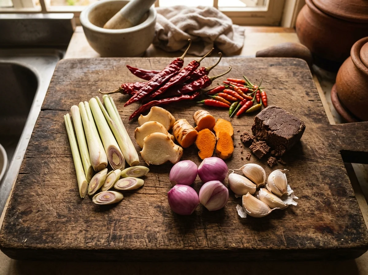 ラクサペーストの材料。唐辛子・レモングラス・ガランガル・ブラチャン等が並ぶ