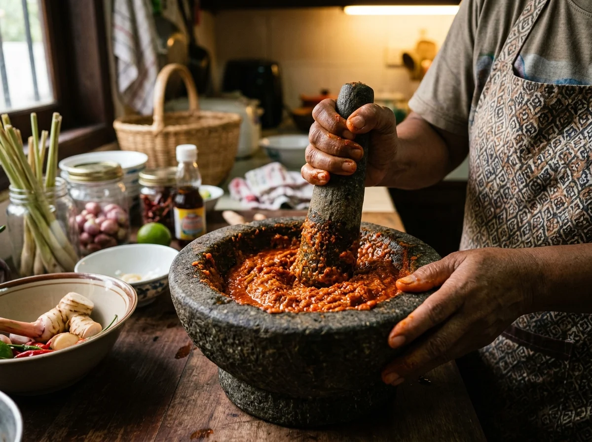 手順1: 乾燥唐辛子を戻し、レモングラスを薄切りにする。全材料をフードプロセッサーでペーストにする