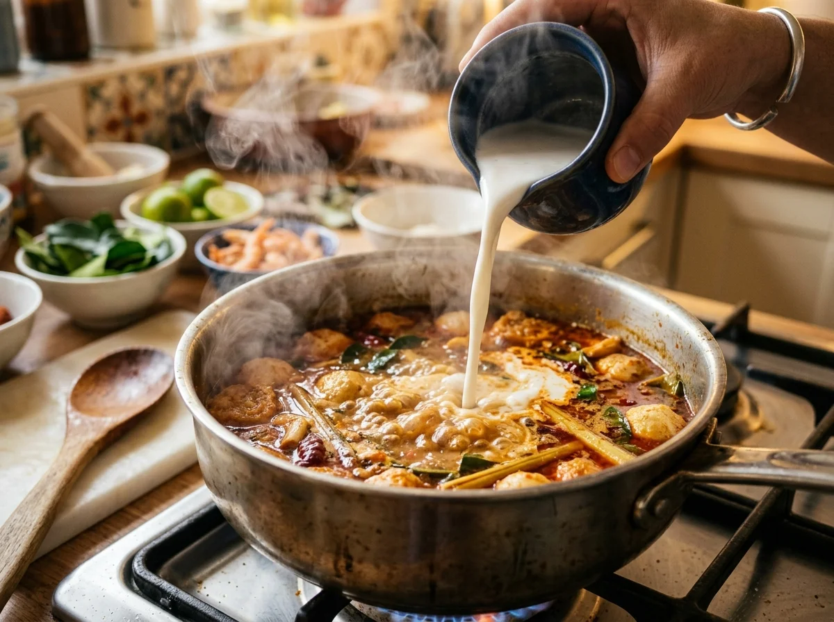 手順3: 鶏がらスープとココナッツミルクを加え、中火で10分煮る