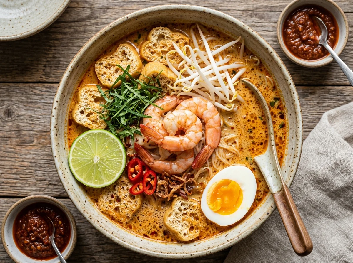 手順4: ナンプラーと砂糖で味を調え、別茹でした米麺を器に盛り、スープを注ぐ。海老・厚揚げ・もやし・ゆで卵・ラクサリーフ・ライムを添えて完成