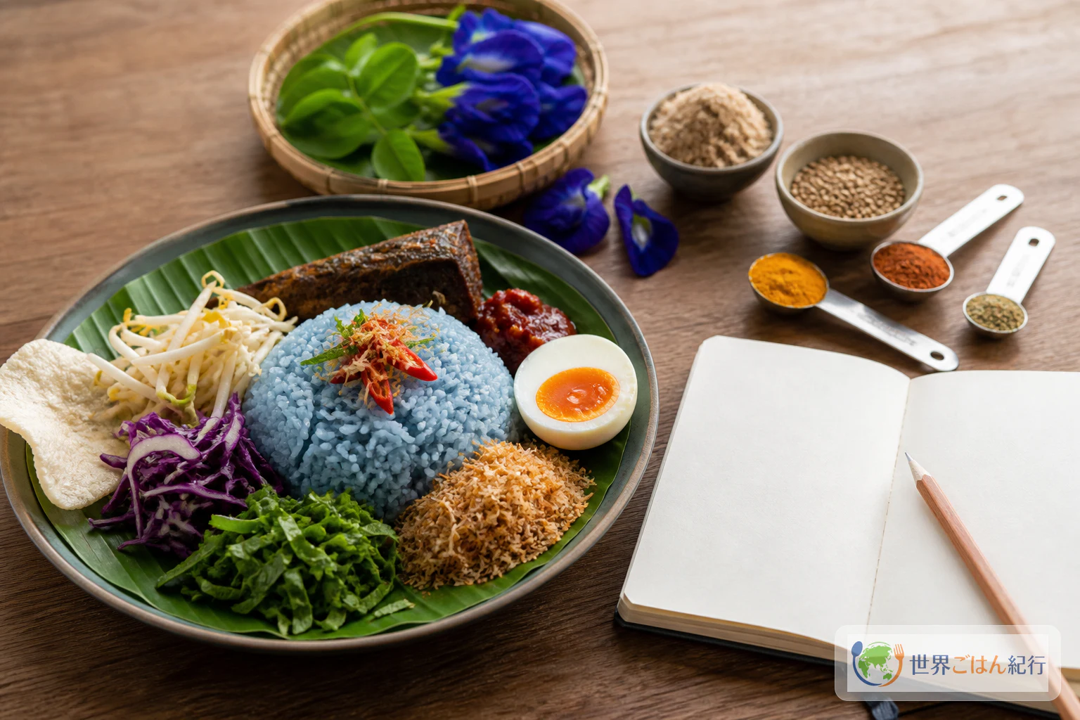 나시 크라부와 요리 메모, 나비콩꽃, 향신료를 늘어놓은 참고 자료 이미지