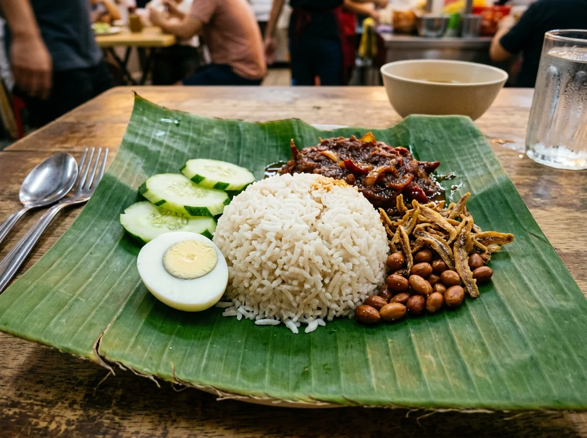 バナナの葉に盛りつけられたナシレマ。ココナッツミルクご飯にサンバル、揚げ小魚、ピーナッツ、きゅうり、ゆで卵が添えられている