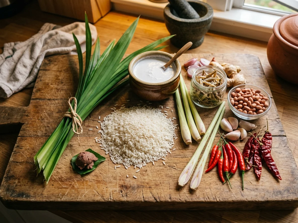 ナシレマの材料。ココナッツミルク、パンダンリーフ、米、レモングラス、しらす干し、ピーナッツ、唐辛子