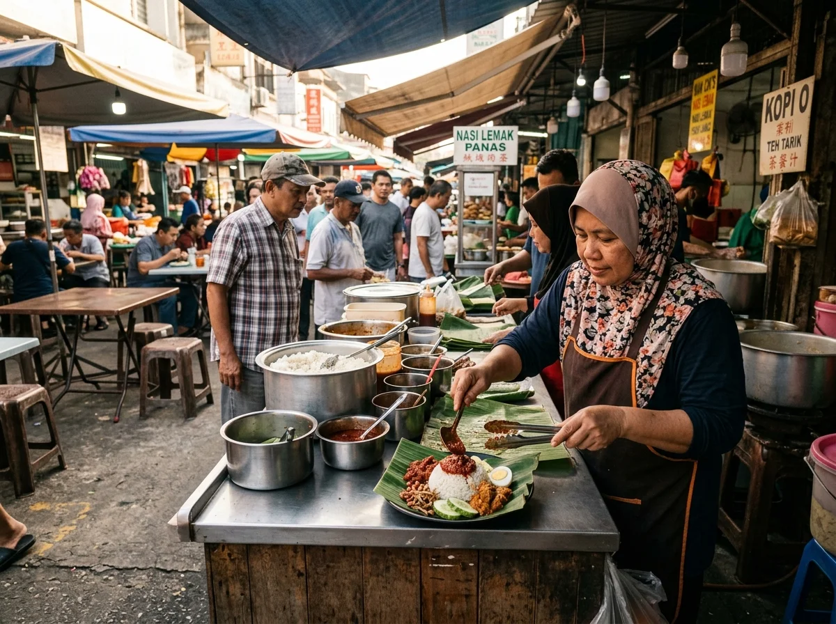 マレーシアのホーカー(屋台)の朝食風景。ナシレマが並んでいる