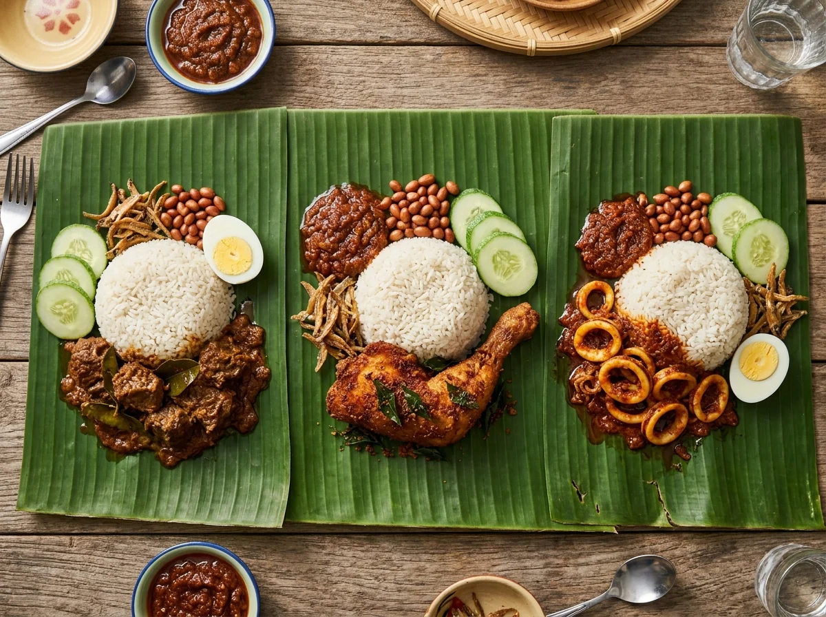 ナシレマの3つのバリエーション。ルンダン版、フライドチキン版、イカサンバル版