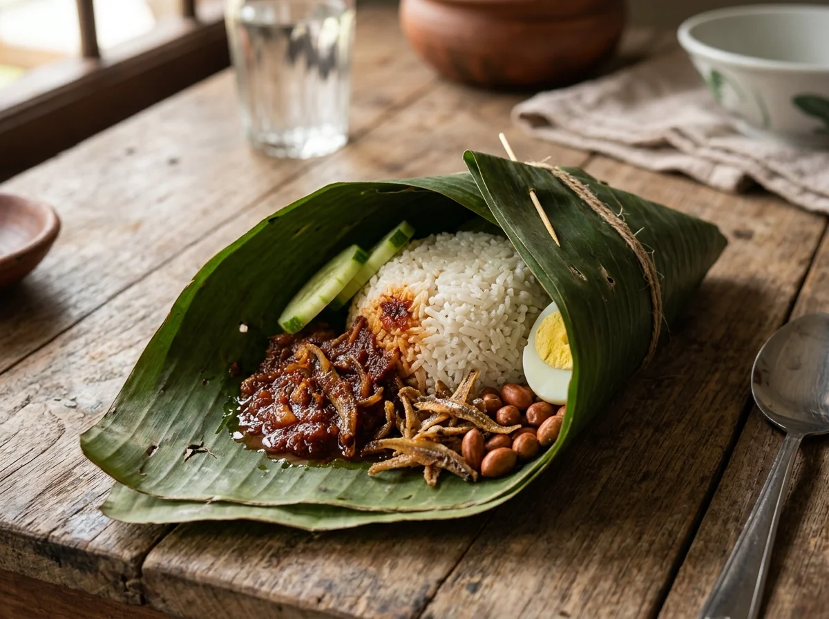 バナナの葉で三角に包まれたナシレマ。マレーシアの伝統的なテイクアウトスタイル