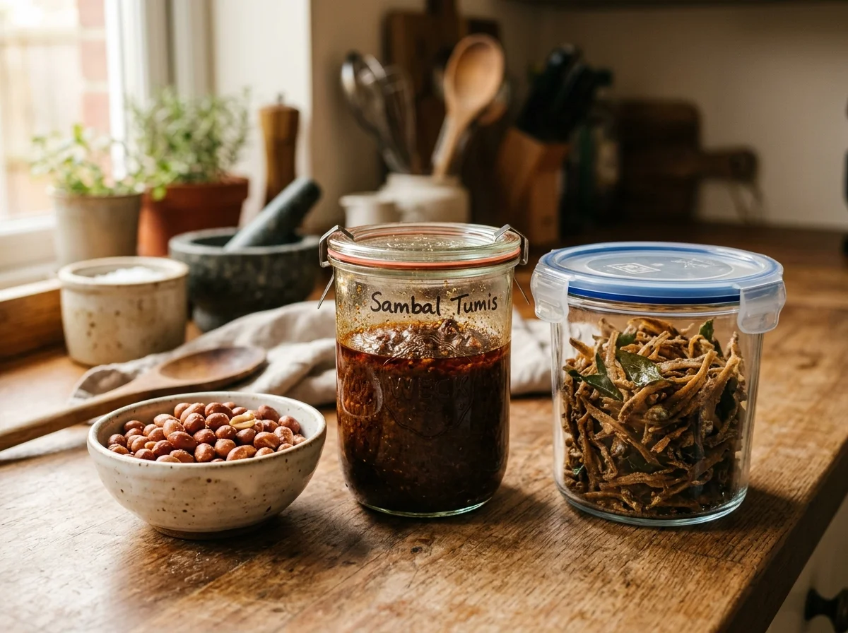 ナシレマの作り置き用パーツ。サンバル、カリカリしらす、ピーナッツが保存容器に入っている