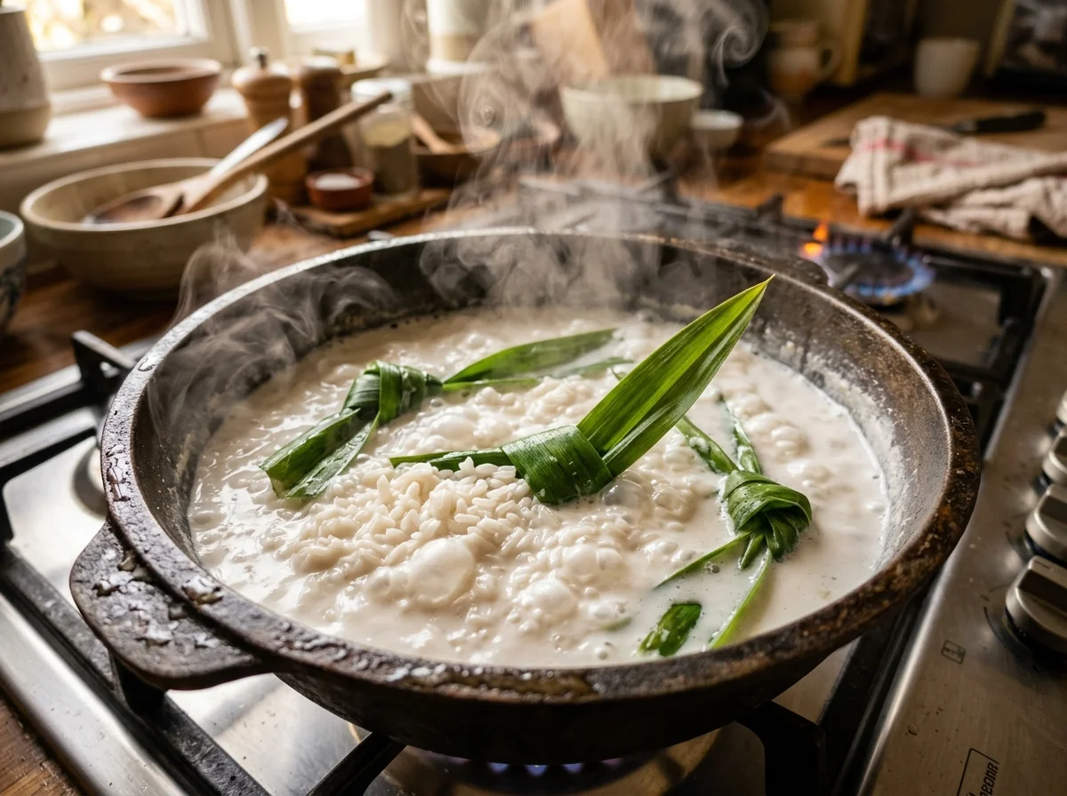 炊飯器でココナッツミルクとパンダンリーフと一緒に炊いている米