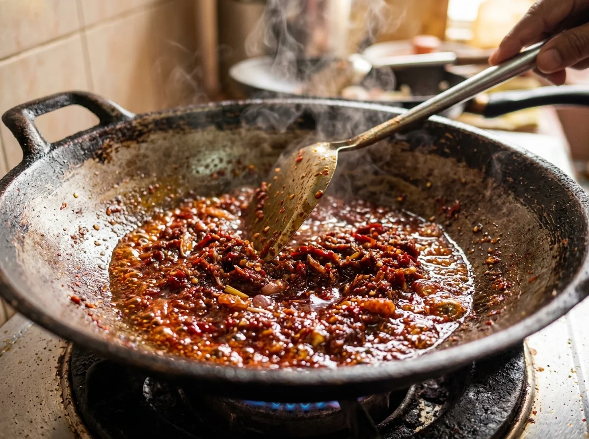 サンバルをフライパンで炒めている。鮮やかな赤いペーストから油が分離し始めている