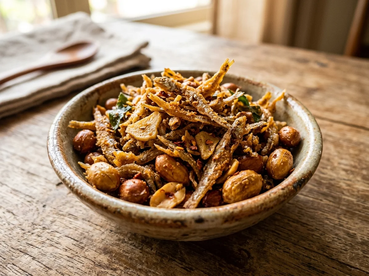 カリカリに炒めたしらす干しとローストしたピーナッツ