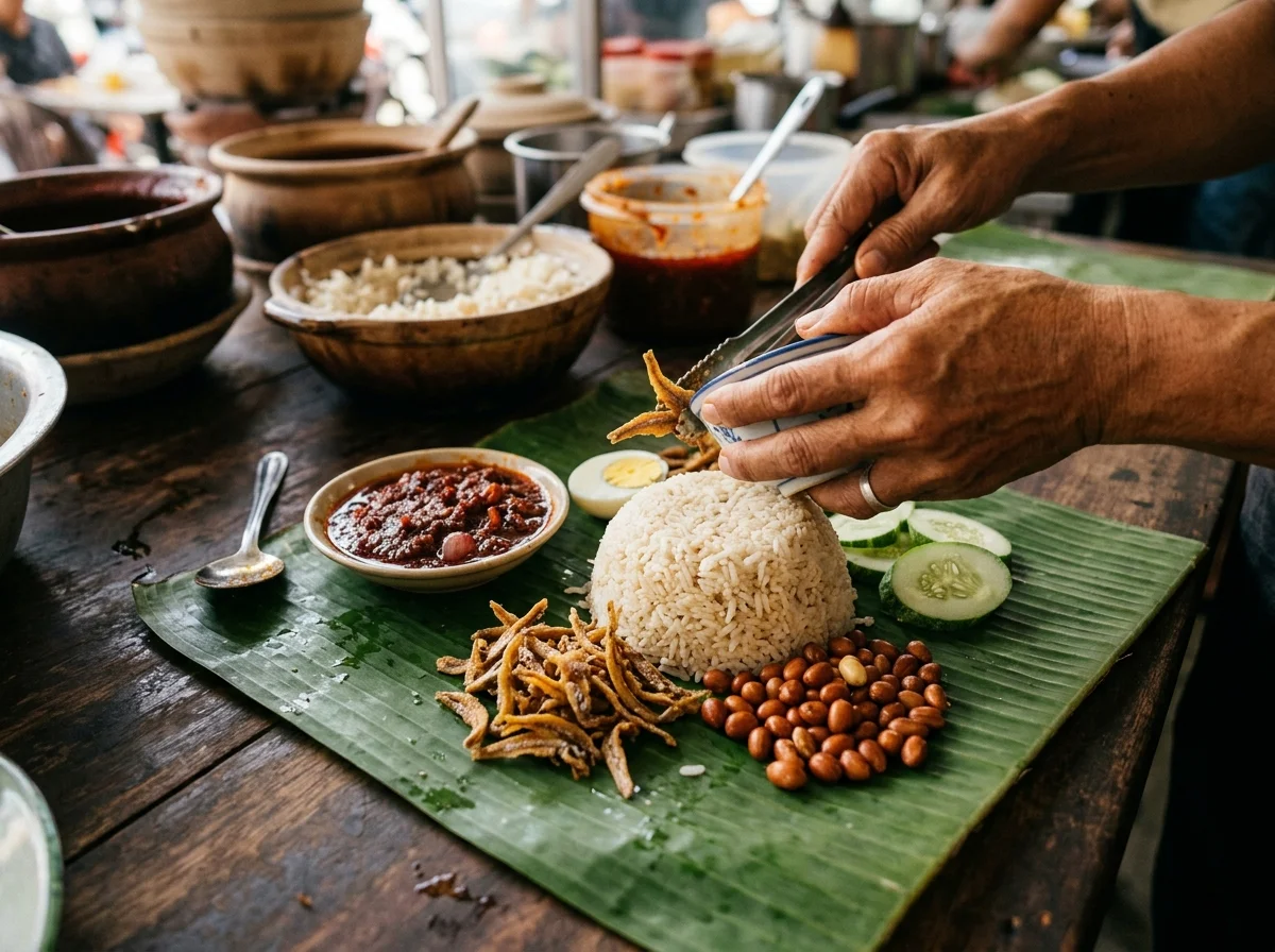 バナナの葉の上にナシレマを美しく盛りつけている。ご飯を中央に、周囲に付け合わせ