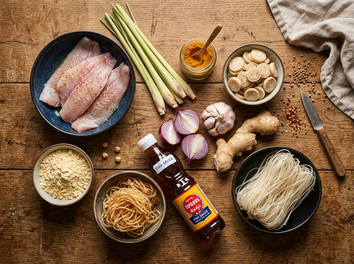 モヒンガーの材料。ナマズ、レモングラス、ひよこ豆粉、ターメリック、米麺などが並ぶ