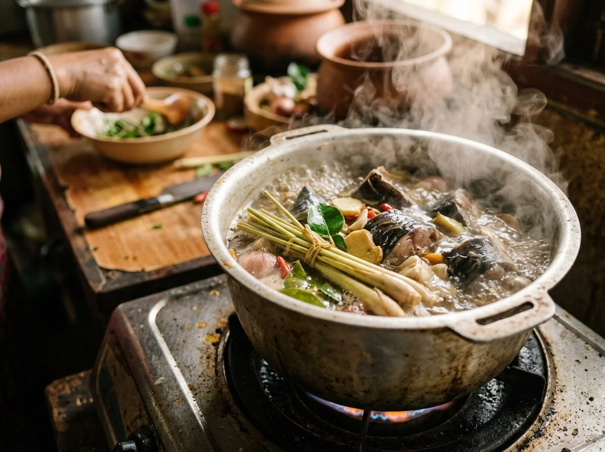 手順1: 鍋に水1.5L・レモングラス・ターメリック小さじ1を入れて火にかける。沸騰したらナマズを入れ、弱火で15分茹でる