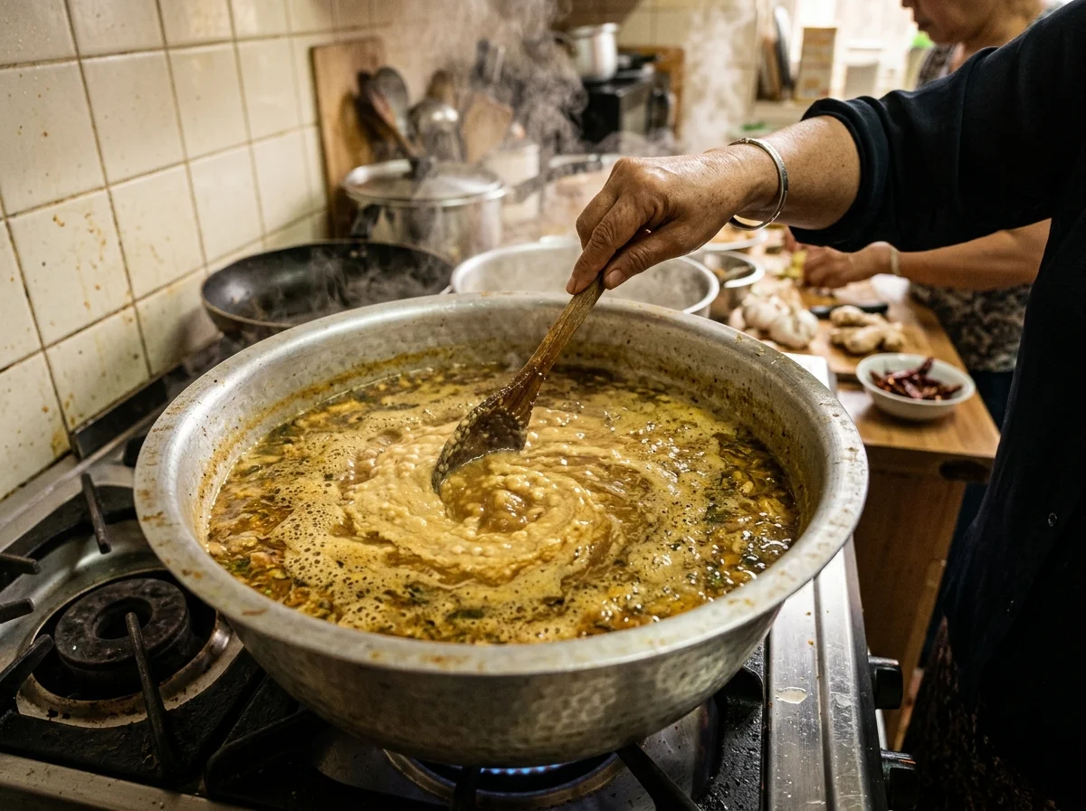 手順3: 別の鍋にサラダ油を熱し、玉ねぎ・にんにく・生姜を中火で炒める。香りが立ったらターメリック・パプリカパウダーを加えて1分炒める