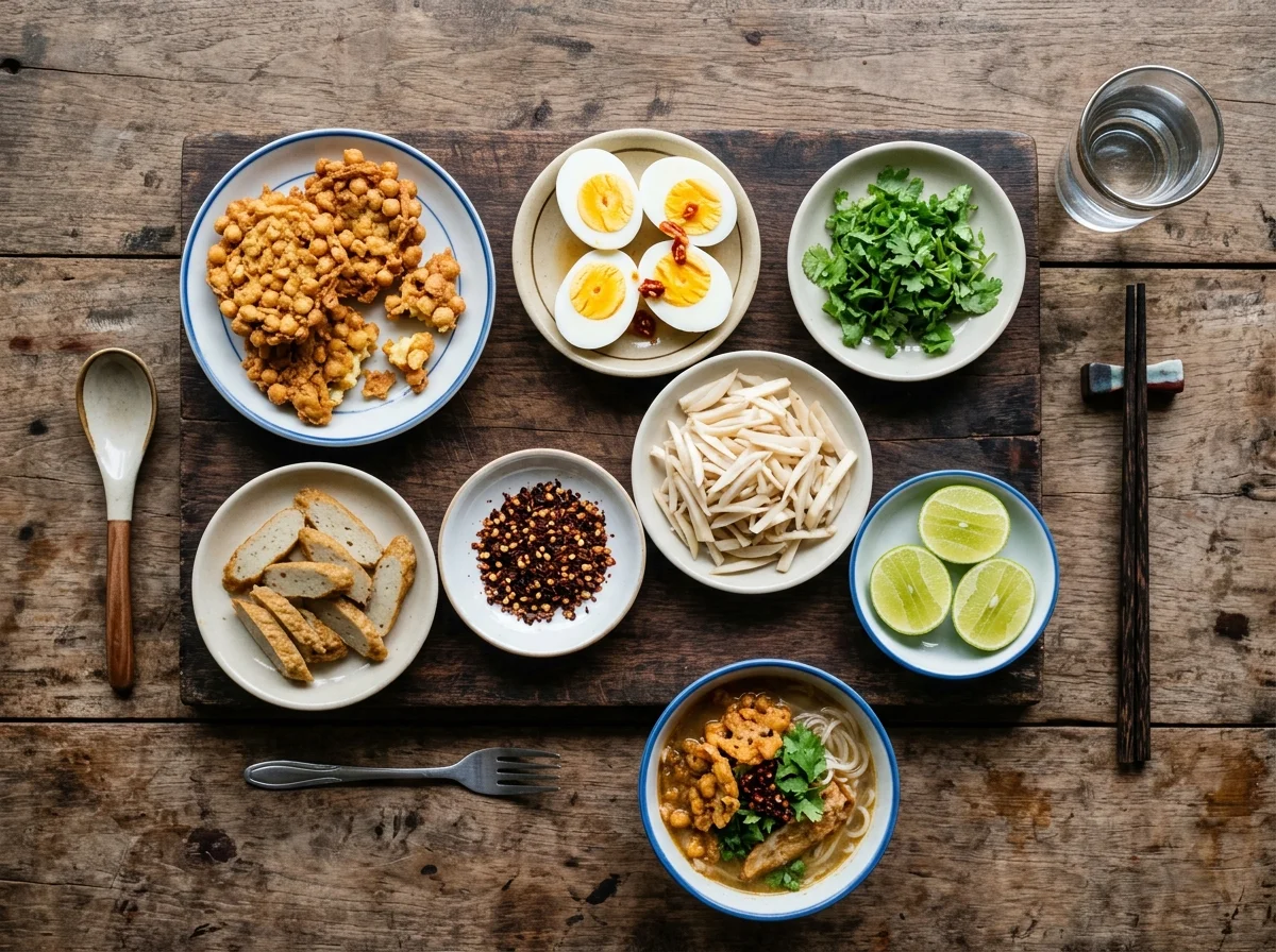 手順5: 塩で味を調え、バナナの茎（またはレンコン）を加えて5分煮る。器に茹でた米麺を盛り、スープを注いでトッピングを添えて完成