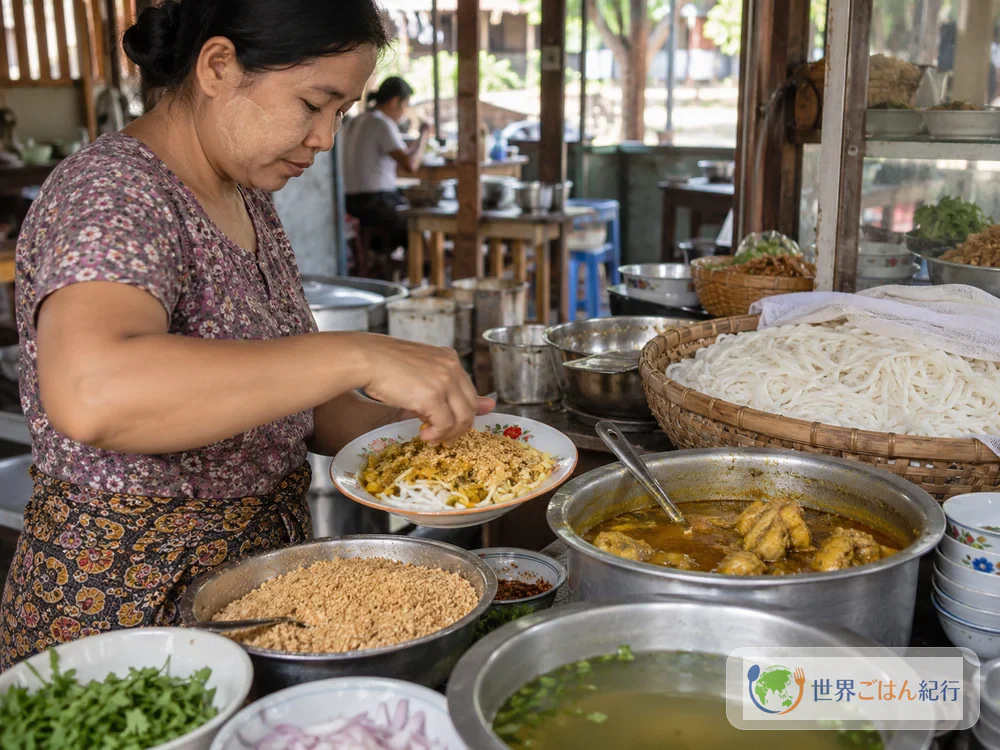 マンダレーの朝の屋台で、太い米麺を皿に盛り、鶏カレー油と粉を和える売り手
