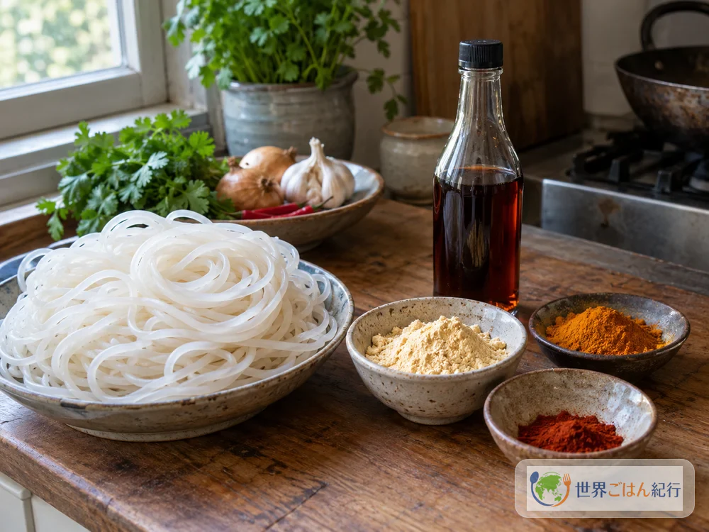 日本で手に入る太い米麺、ひよこ豆粉、ターメリック、パプリカパウダー、ナンプラー