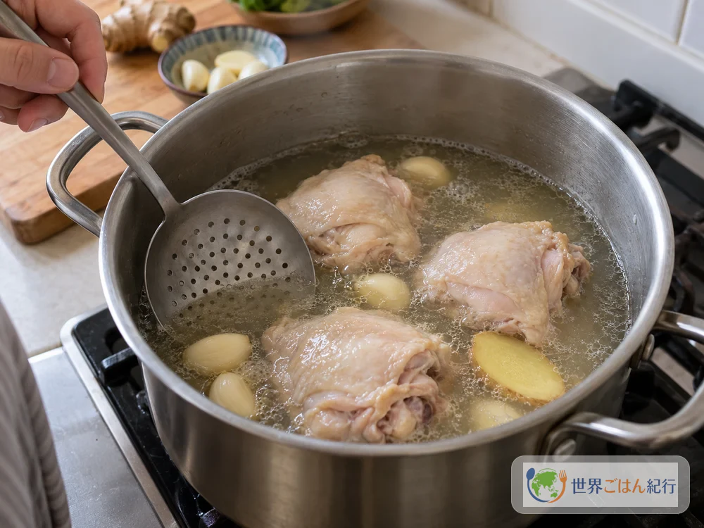 手順1: 鶏肉を弱火でゆでる
