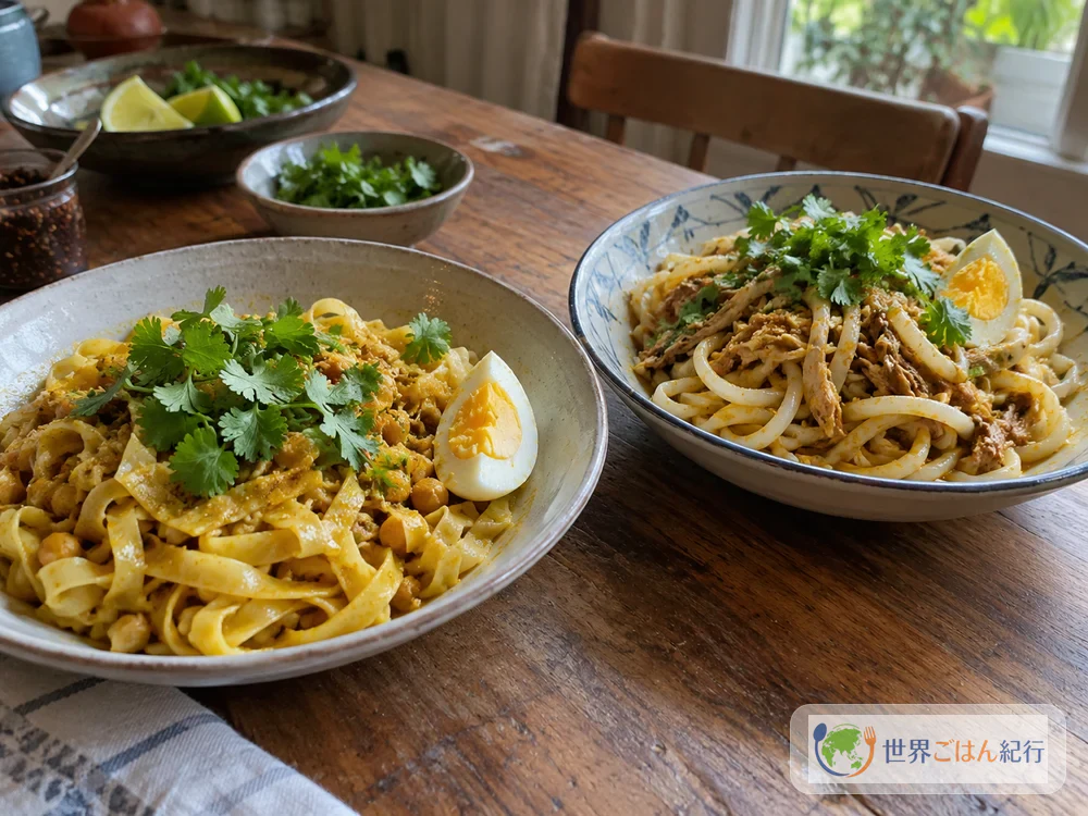 パスタの平麺で作ったナンジートゥと、豚肉のカレー油で和えた一皿