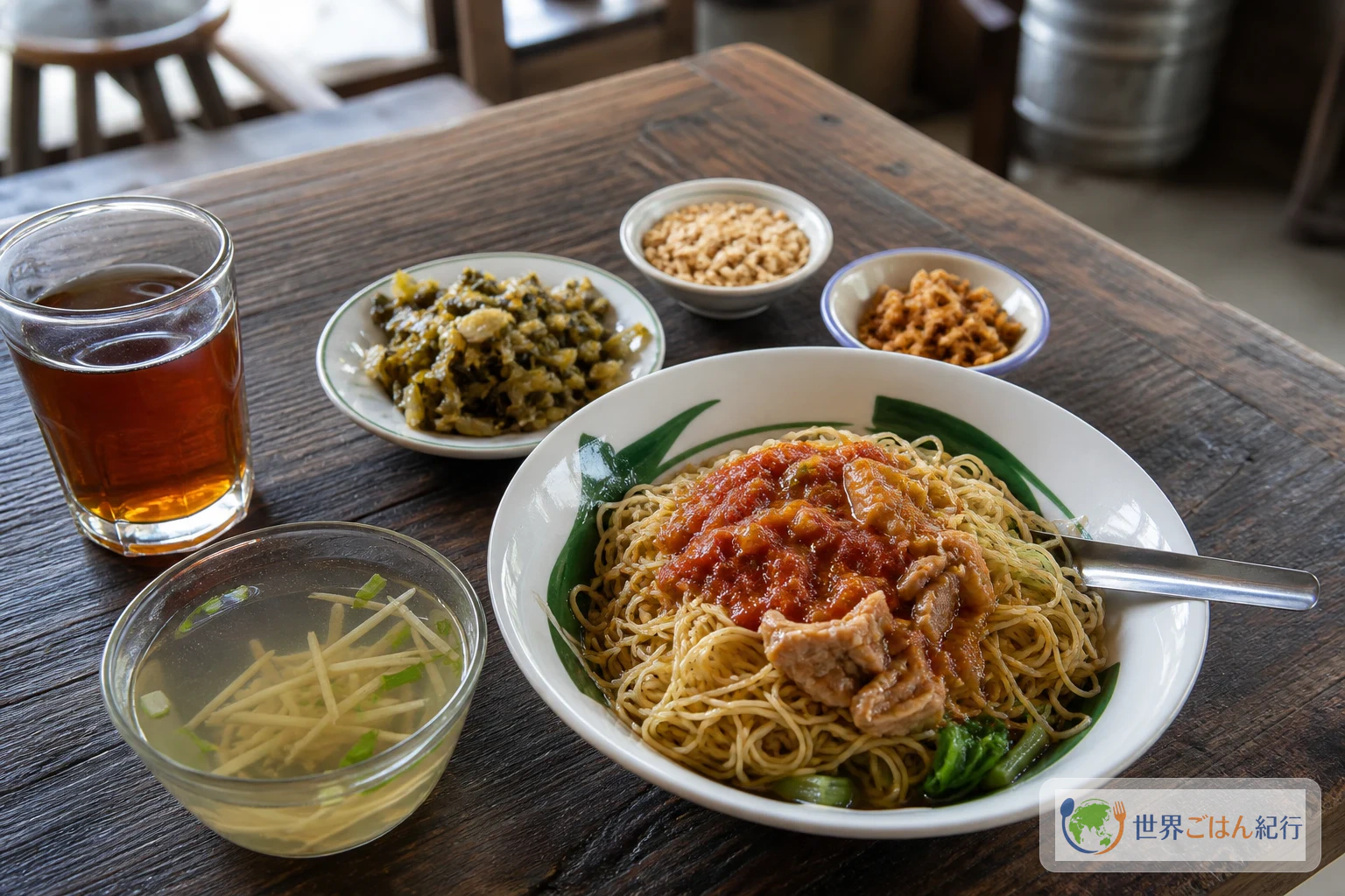 低い木のテーブルにシャン・カウスエと小さなスープ、ミャンマーの茶を並べた茶店の食卓