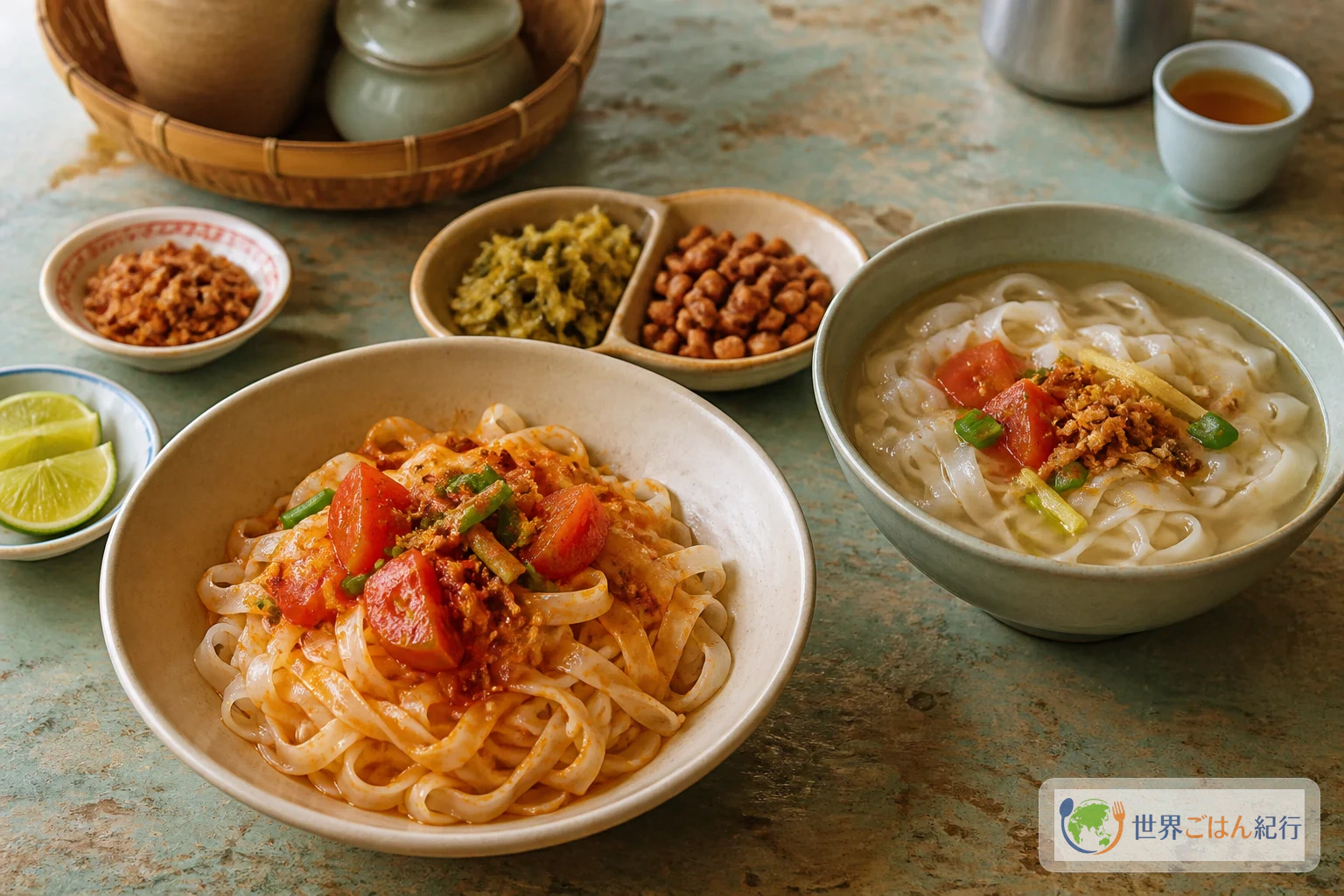 汁なしの赤い米麺と、しょうがの澄んだスープを別椀にしたシャン・カウスエ