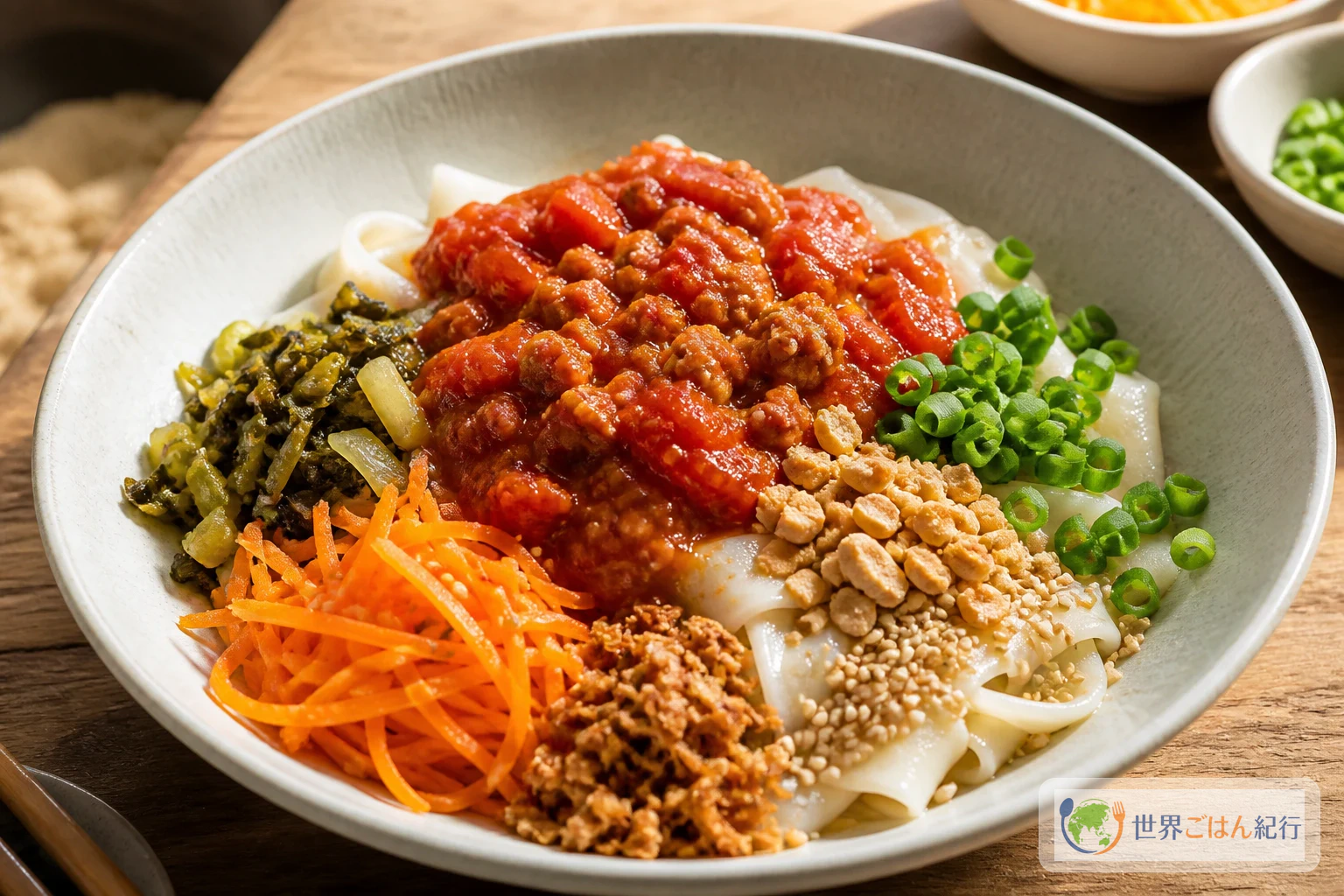 手順6: 米麺をゆで、汁なしと汁ありへ分けて盛る