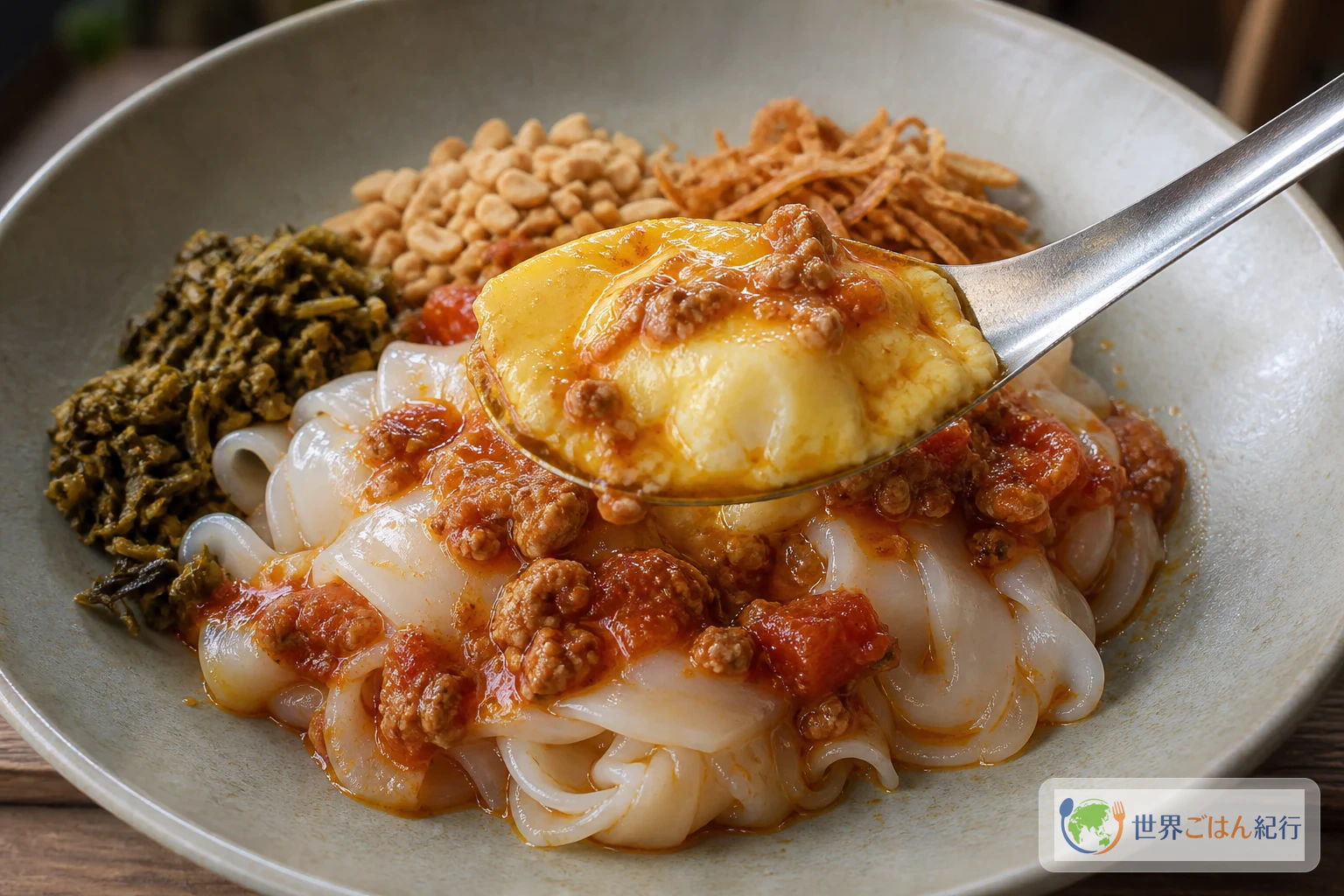 やわらかく練った黄色いひよこ豆豆腐をスプーンでシャン・カウスエに添えた皿