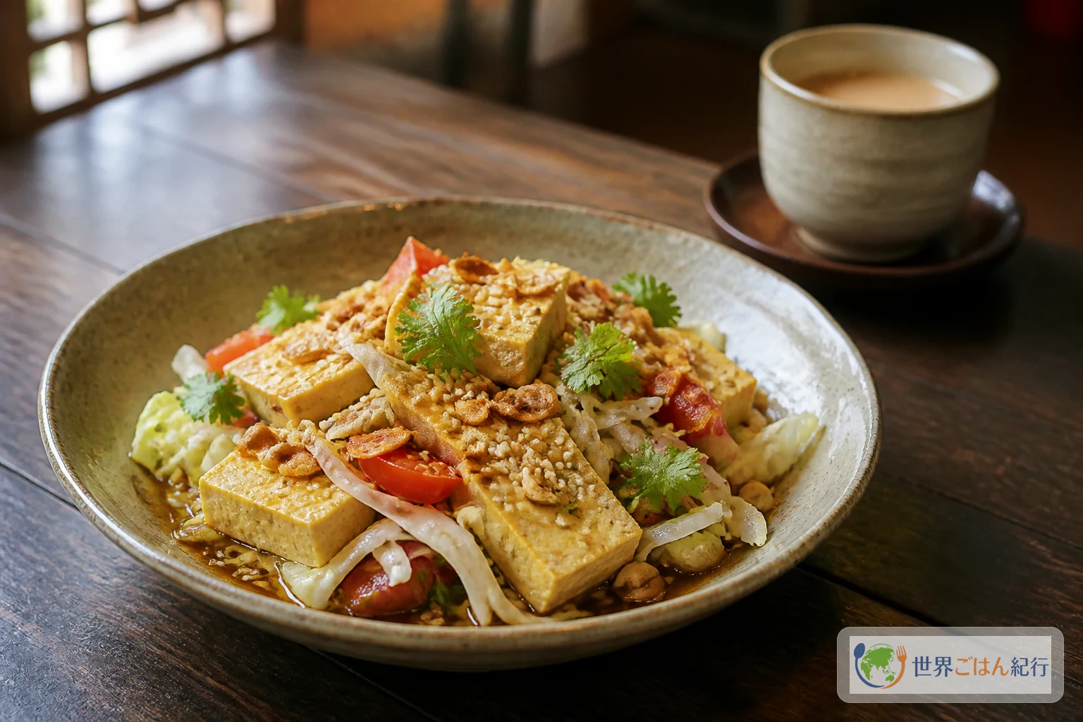 黄色いひよこ豆豆腐にキャベツ、トマト、揚げにんにく、ピーナッツを合わせたミャンマーのトーフー・トウッ