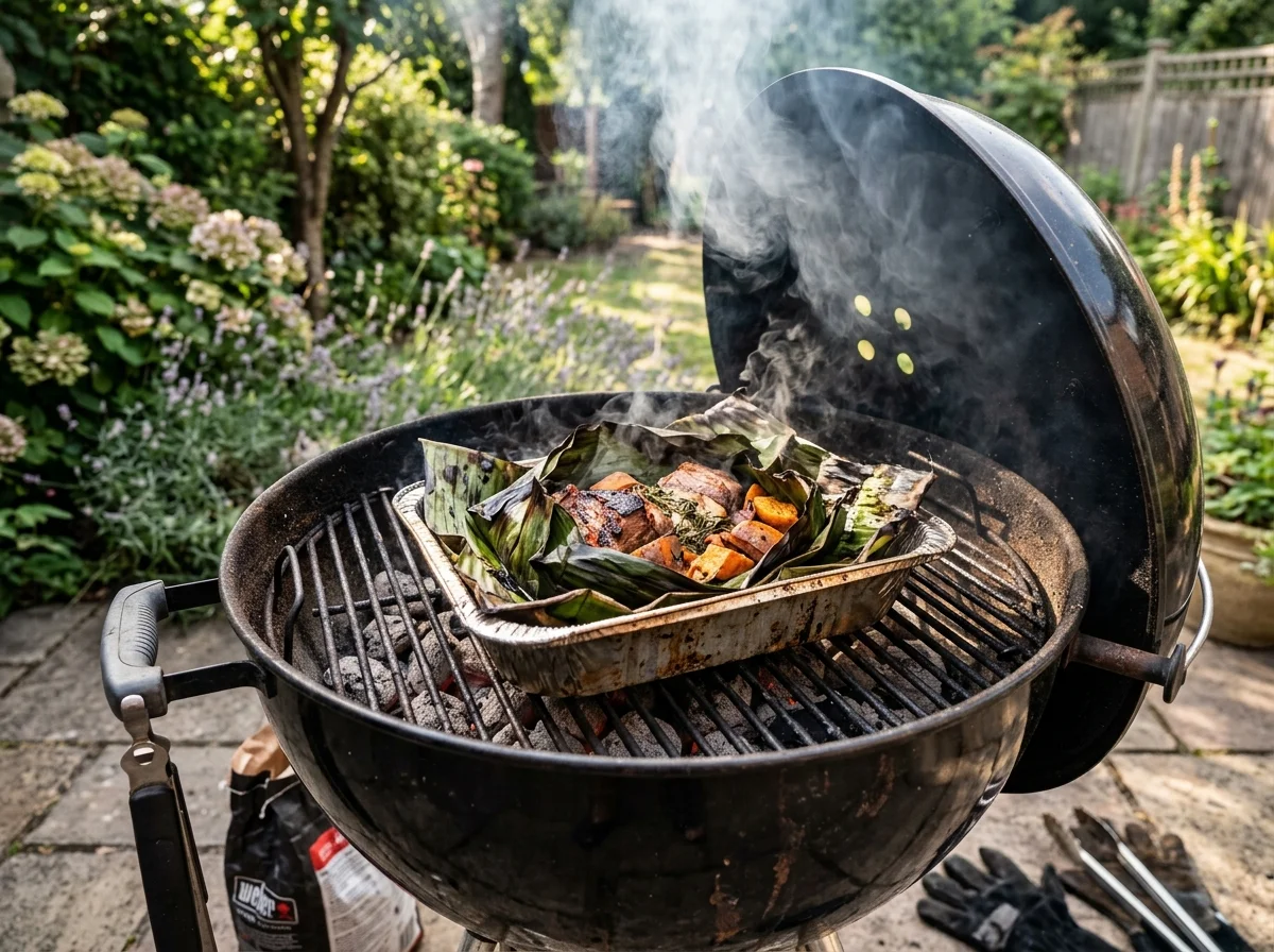 BBQグリルでアルミトレイに入れたムームーを調理する様子