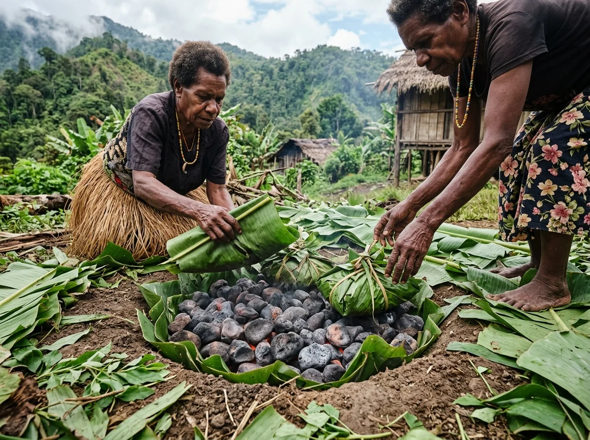 パプアニューギニアの高地で伝統的なムームーが準備される様子