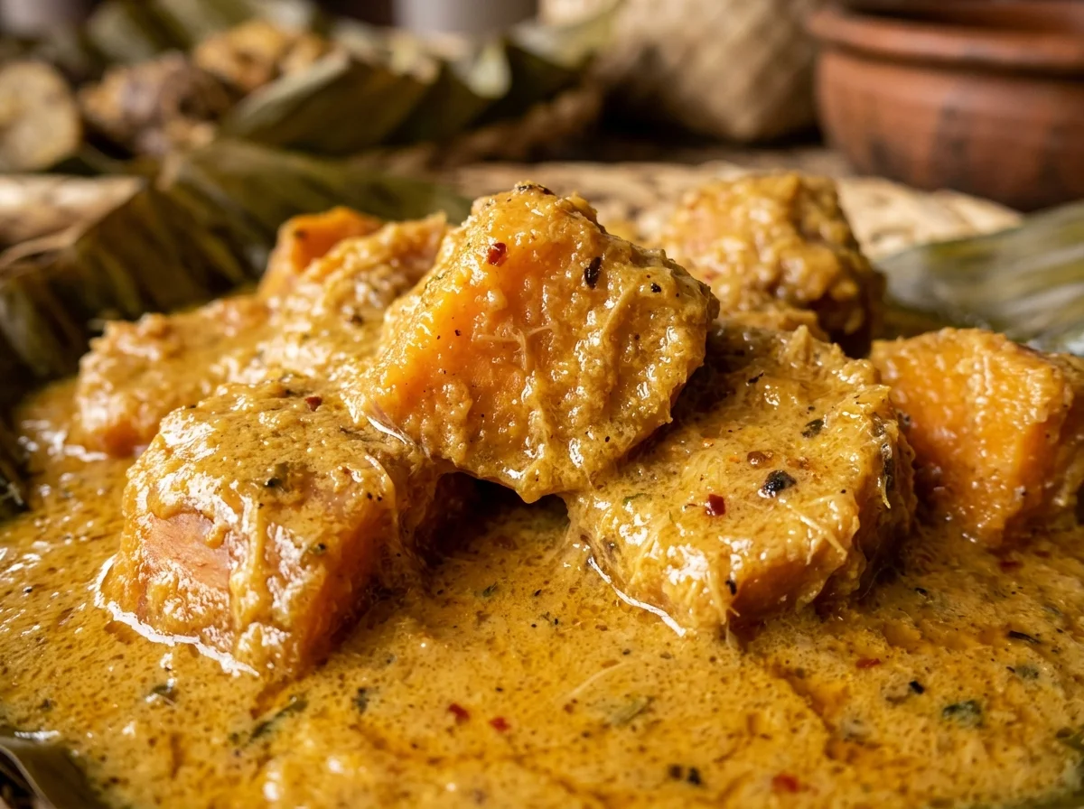 ムームーのココナッツミルクグレイビーがさつまいもに絡んでいるアップ写真