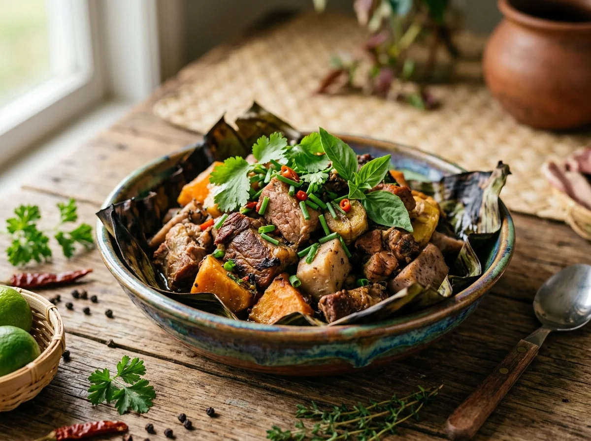 パプアニューギニアの伝統料理ムームー。バナナの葉を開くと豚肉とさつまいもが湯気を立てている